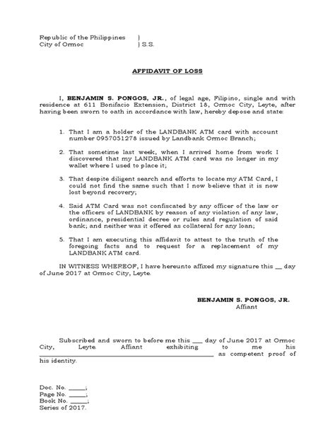 affidavit of loss atm card landbank sample